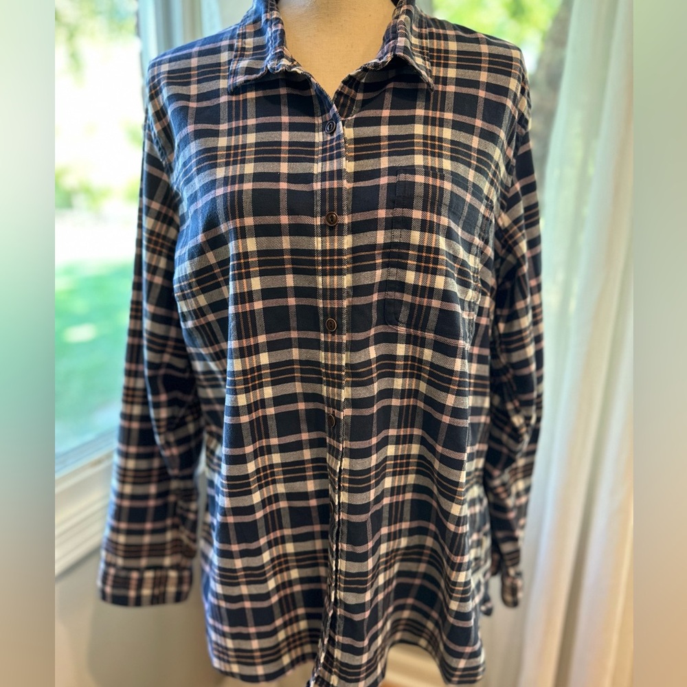 Women's L.L. BeanFlex All-Season Flannel Plaid Button Up Shirt Blue Pink XL